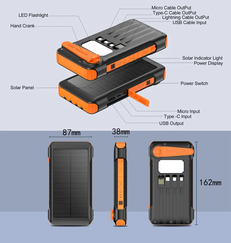 Wayto 10000mAh Portable Emergency Charger Hand Crank Solar & Dynamo with Built-In Light and Cables 20W Output Power