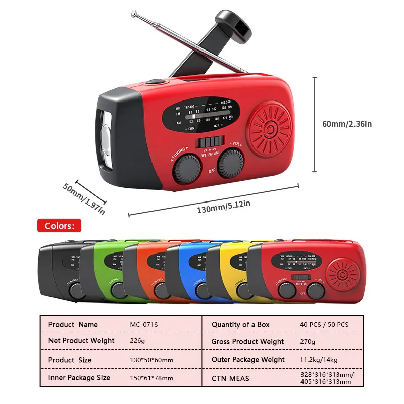 Emergency Hand Crank Solar Dynamo 2000mAh Powerbank 3-Band NOAA Weather Radio with Flashlight Built-in Speaker & 5-10W Output