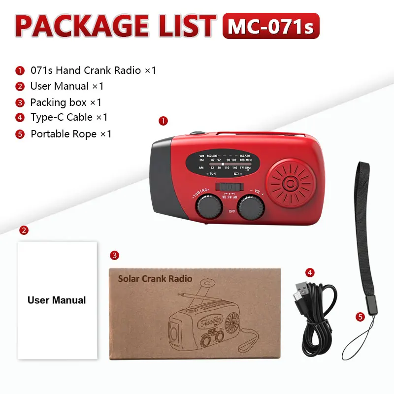 Emergency Hand Crank Solar Dynamo 2000mAh Powerbank 3-Band NOAA Weather Radio with Flashlight Built-in Speaker & 5-10W Output