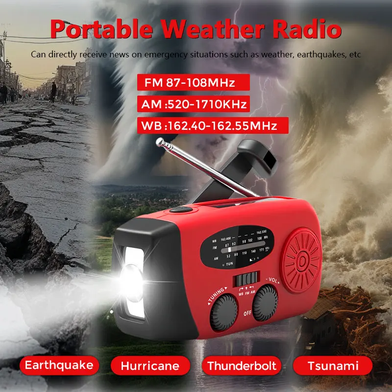 Emergency Hand Crank Solar Dynamo 2000mAh Powerbank 3-Band NOAA Weather Radio with Flashlight Built-in Speaker & 5-10W Output