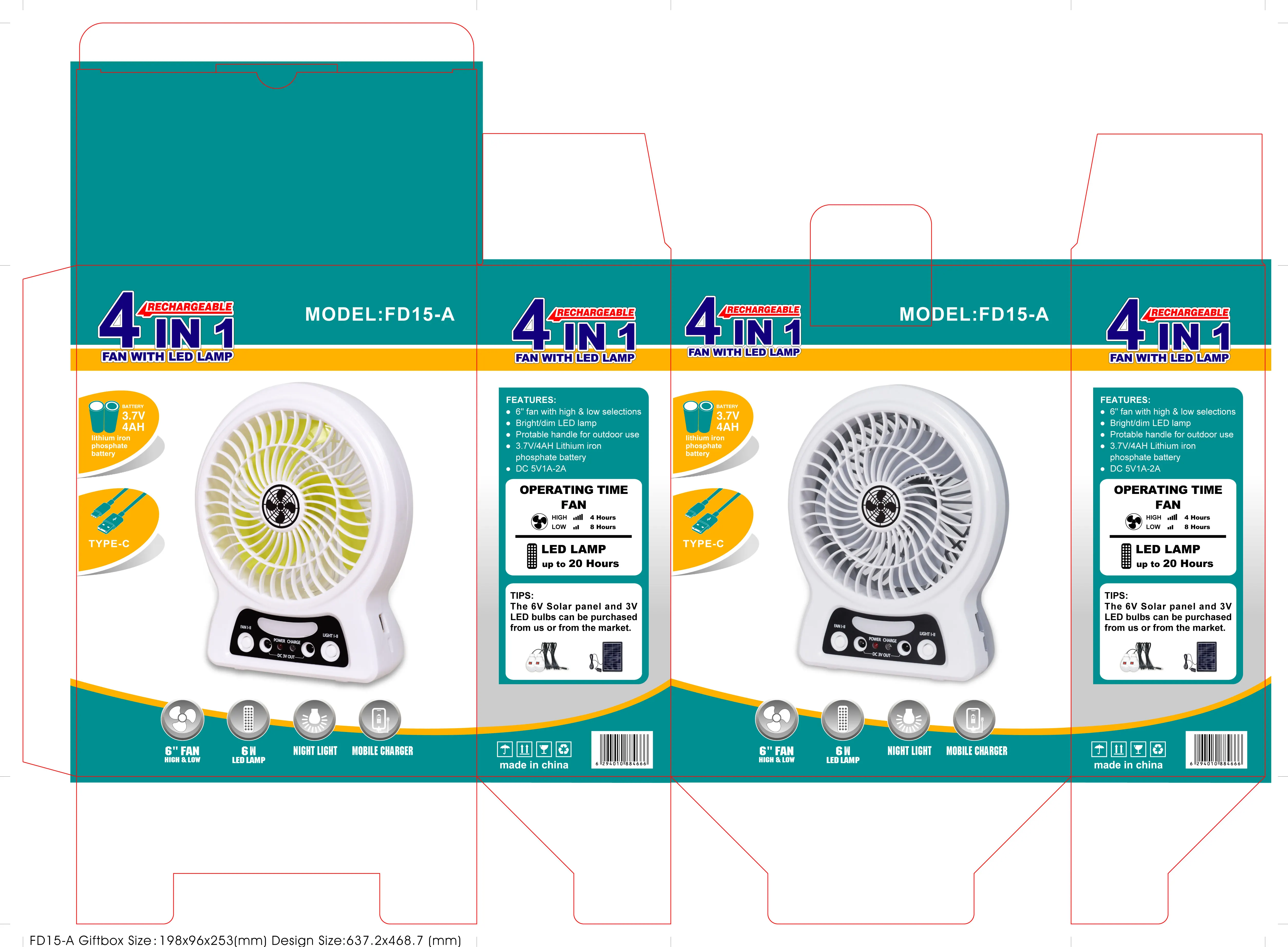 New Trend6 Inch Solar Rechargeable Portable Fan Built-in Lithium Battery with Night Light with Solar Panel Charge Phone