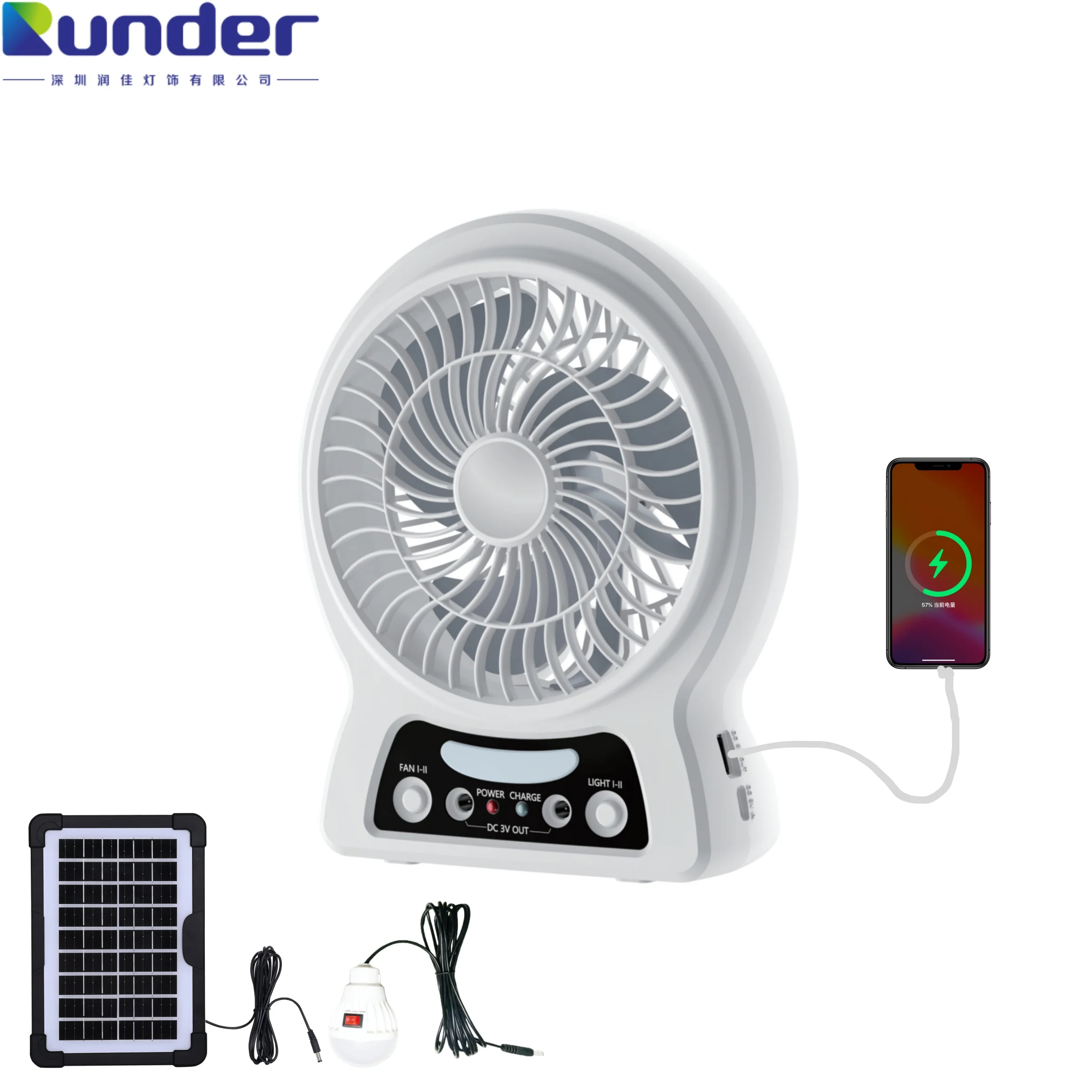 New Trend6 Inch Solar Rechargeable Portable Fan Built-in Lithium Battery with Night Light with Solar Panel Charge Phone