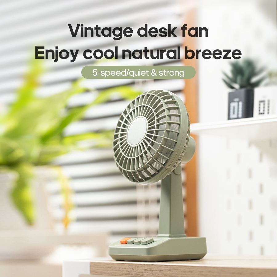 Newest Portable Vintage Desk Fan Flexible Angle Adjustable Mini Fan 5 Speed Silent 2000mAh Rechargeable Fan for Home Custom Logo