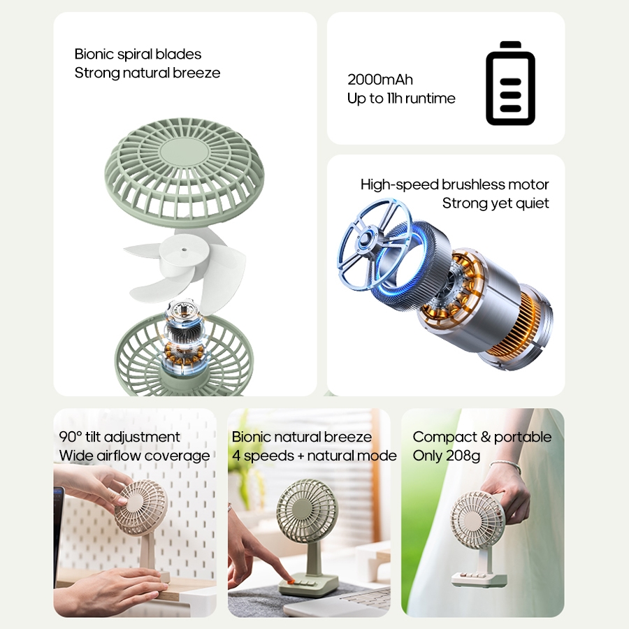 Newest Portable Vintage Desk Fan Flexible Angle Adjustable Mini Fan 5 Speed Silent 2000mAh Rechargeable Fan for Home Custom Logo